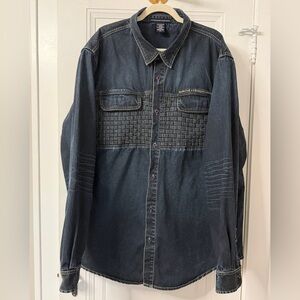 Marithé François Girbaud denim shacket, a hybrid button-front shirt-jacket XXL